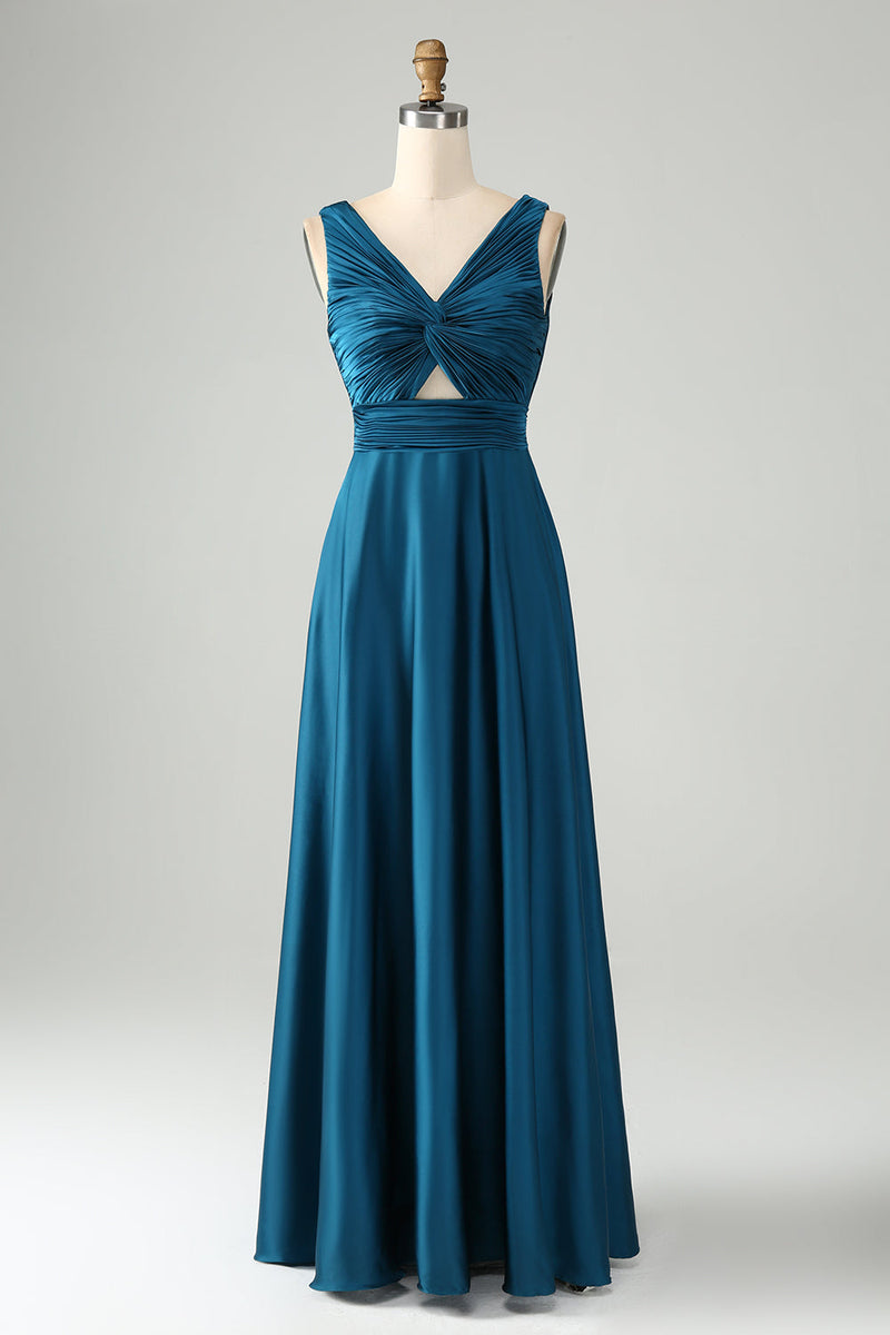 Load image into Gallery viewer, Ink Blue A Line V Neck Keyhole Pleated Long Bridesmaid Dress