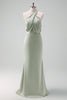 Load image into Gallery viewer, Dusty Sage Sheath Halter Neck Satin Long Bridesmaid Dress