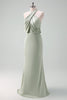 Load image into Gallery viewer, Dusty Sage Sheath Halter Neck Satin Long Bridesmaid Dress