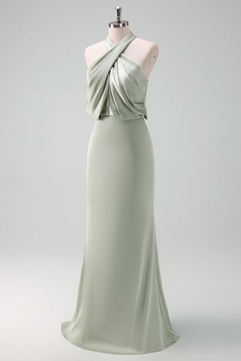 Dusty Sage Sheath Halter Neck Satin Long Bridesmaid Dress