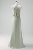 Load image into Gallery viewer, Dusty Sage Sheath Halter Neck Satin Long Bridesmaid Dress