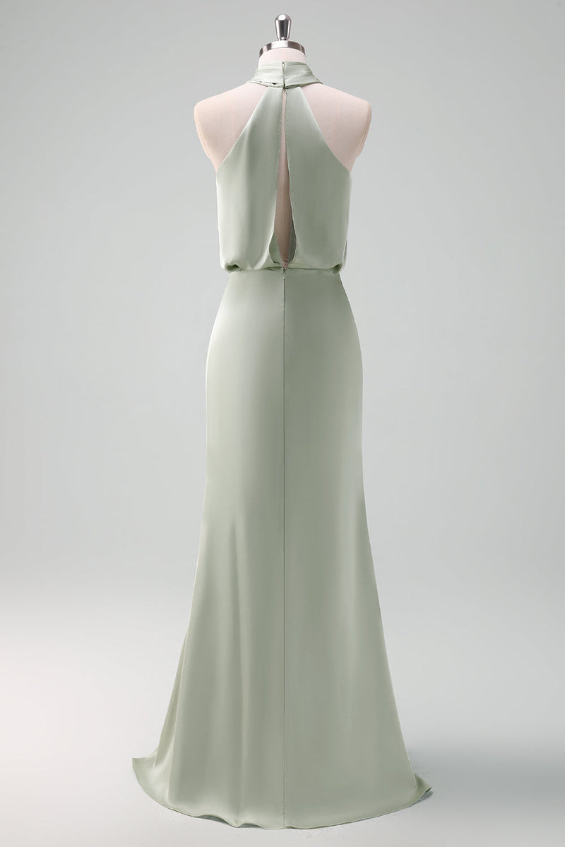 Load image into Gallery viewer, Dusty Sage Sheath Halter Neck Satin Long Bridesmaid Dress