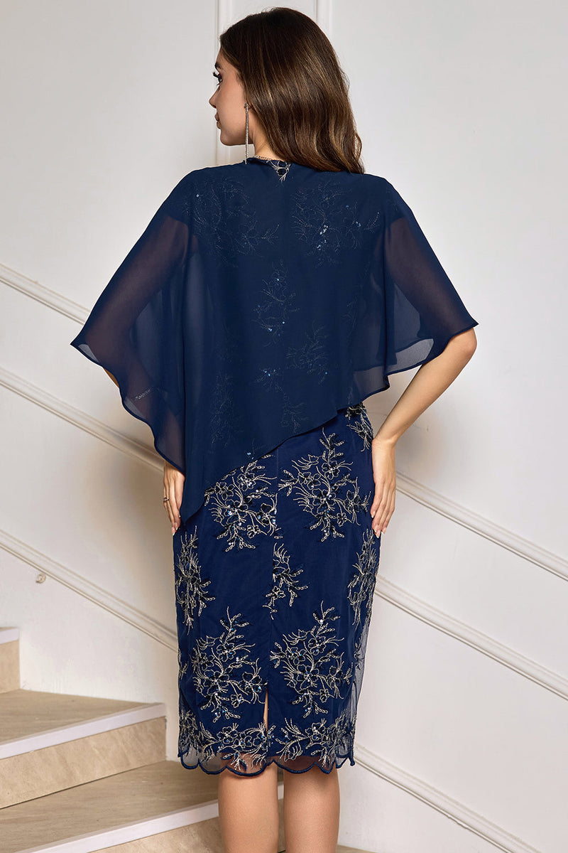 Load image into Gallery viewer, Navy Sheath Tea Length Appliqued Mother of the Bride Dress with Wrap