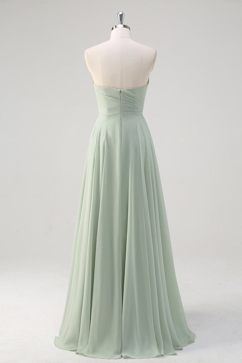 Load image into Gallery viewer, Matcha A Line Strapless Ruched Chiffon Long Bridesmaid Dress