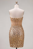 Sparkly Golden Sheer Corset Strapless Bodycon Cocktail Dress with Sequins