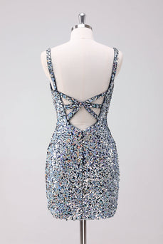 Sparkly Silver Bodycon V-Neck Short Graduation Dress with Sequins