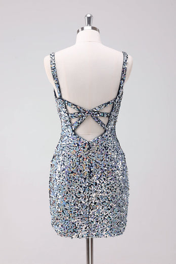 Sparkly Silver Bodycon V-Neck Short Graduation Dress with Sequins