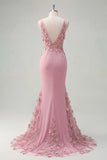 Mermaid Taro Ruched V-Neck Long Prom Dress with 3D Flowers