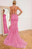 Mermaid Spaghetti Straps Light Pink Long Prom Dress with Appliques