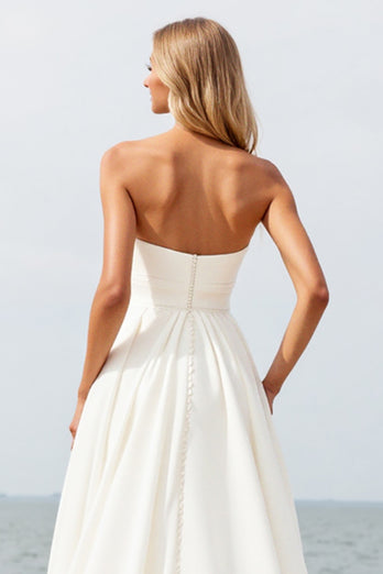Ivory Strapless A Line Chiffon Beach Wedding Dress With Slit