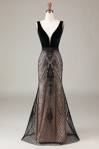 Black Mermaid Sequins Deep V-neck Prom Dress