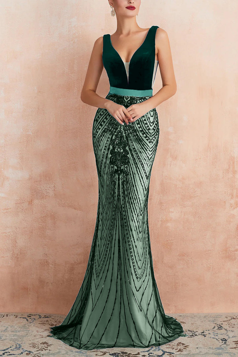 Load image into Gallery viewer, Sparkly Black Mermaid Deep V-Neck Long Prom Dress with Open Back