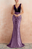 Sparkly Burgundy Mermaid Deep V Neck Long Prom Dress with Open Back