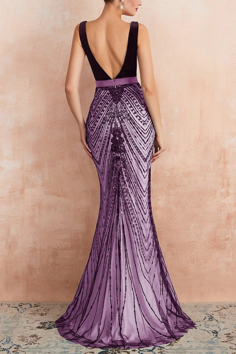 Load image into Gallery viewer, Sparkly Black Mermaid Deep V-Neck Long Prom Dress with Open Back