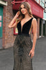 Load image into Gallery viewer, Sparkly Black Mermaid Deep V-Neck Long Prom Dress with Open Back