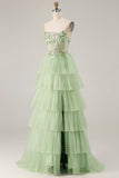 Strapless Green A Line Corset Tiered Ruffle Tulle Long Prom Dress with Slit