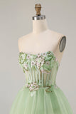 Strapless Green A Line Corset Tiered Ruffle Tulle Long Prom Dress with Slit