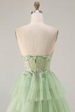 Strapless Green A Line Corset Tiered Ruffle Tulle Long Prom Dress with Slit