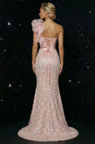 Sparkly Pink One Shoulder Mermaid Corset Long Evening Dress with Slit