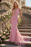 Mermaid Taro Ruched V-Neck Long Prom Dress with 3D Flowers