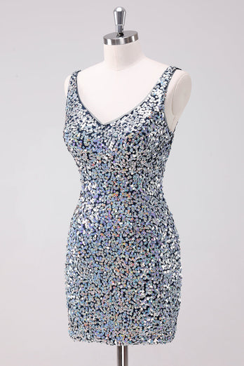 Sparkly Silver Bodycon V-Neck Short Graduation Dress with Sequins