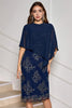 Load image into Gallery viewer, Navy Sheath Tea Length Appliqued Mother of the Bride Dress with Wrap