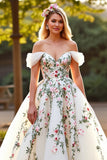 White Tulle Off the Shoulder Sweep Train Floral Wedding Dress