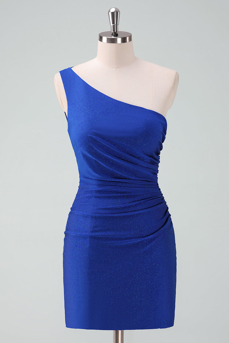 Load image into Gallery viewer, Royal Blue One Shoulder Bodycon Ruched Short Graduation Dress