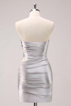 Silver Strapless Hollow Out Pleated Tight Graduation Dress with Beading