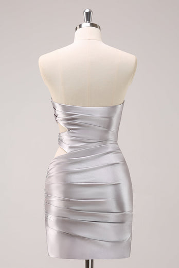 Silver Strapless Hollow Out Pleated Tight Graduation Dress with Beading