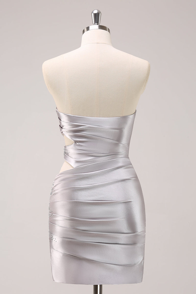 Load image into Gallery viewer, Silver Strapless Hollow Out Pleated Tight Graduation Dress with Beading