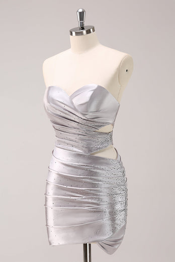 Silver Strapless Hollow Out Pleated Tight Graduation Dress with Beading