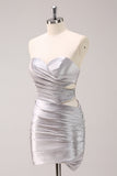 Silver Strapless Hollow Out Pleated Tight Graduation Dress with Beading