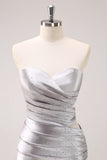 Silver Strapless Hollow Out Pleated Tight Graduation Dress with Beading
