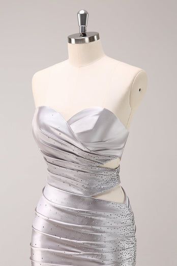 Silver Strapless Hollow Out Pleated Tight Graduation Dress with Beading