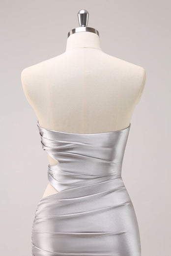 Silver Strapless Hollow Out Pleated Tight Graduation Dress with Beading