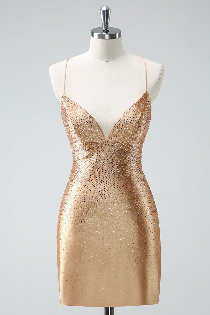 Load image into Gallery viewer, Golden Bodycon Spaghetti Straps Ruched Beaded Graduation Dress with Lace Up Back