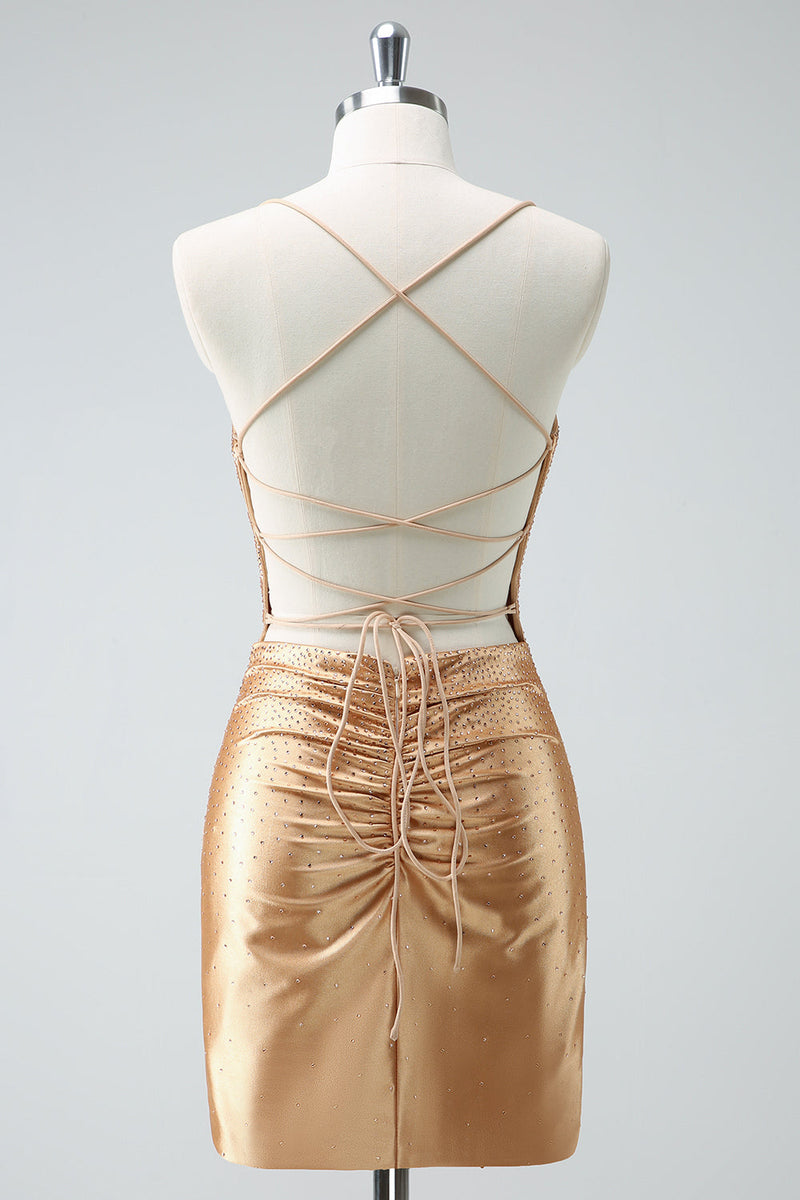 Load image into Gallery viewer, Golden Bodycon Spaghetti Straps Ruched Beaded Graduation Dress with Lace Up Back