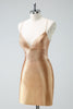 Load image into Gallery viewer, Golden Bodycon Spaghetti Straps Ruched Beaded Graduation Dress with Lace Up Back