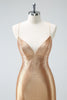 Load image into Gallery viewer, Golden Bodycon Spaghetti Straps Ruched Beaded Graduation Dress with Lace Up Back