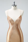 Golden Bodycon Spaghetti Straps Ruched Beaded Graduation Dress with Lace Up Back
