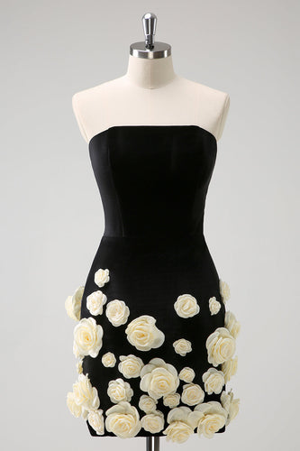 Black Strapless Bodycon Short Graduation Dress with 3D Flowers