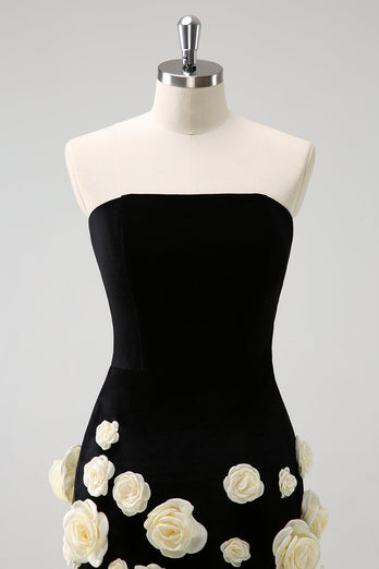 Black Strapless Bodycon Short Graduation Dress with 3D Flowers