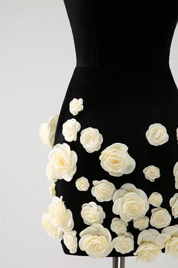 Black Strapless Bodycon Short Graduation Dress with 3D Flowers