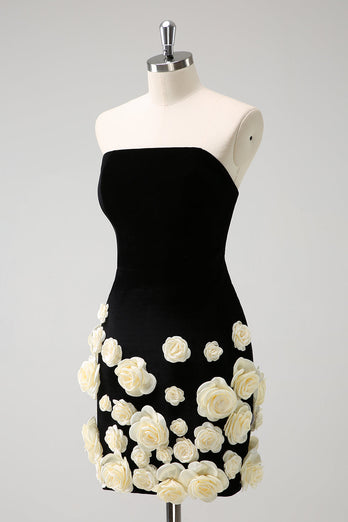 Black Strapless Bodycon Short Graduation Dress with 3D Flowers