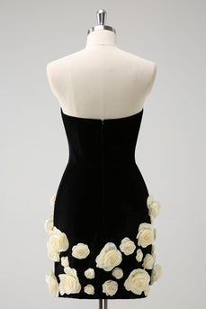 Black Strapless Bodycon Short Graduation Dress with 3D Flowers