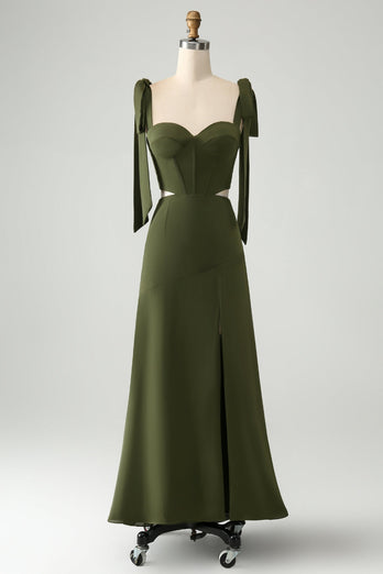 Olive A Line Spaghetti Straps Floor Length Wedding Guest Dress with Slit