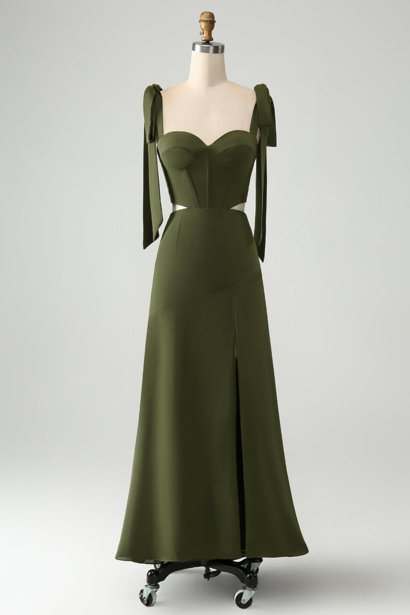 Load image into Gallery viewer, Olive A Line Spaghetti Straps Floor Length Wedding Guest Dress with Slit