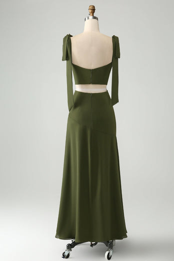 Olive A Line Spaghetti Straps Floor Length Wedding Guest Dress with Slit