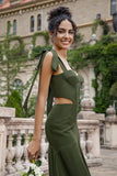 Olive A Line Spaghetti Straps Floor Length Cut Out Bridesmaid Dress with Slit